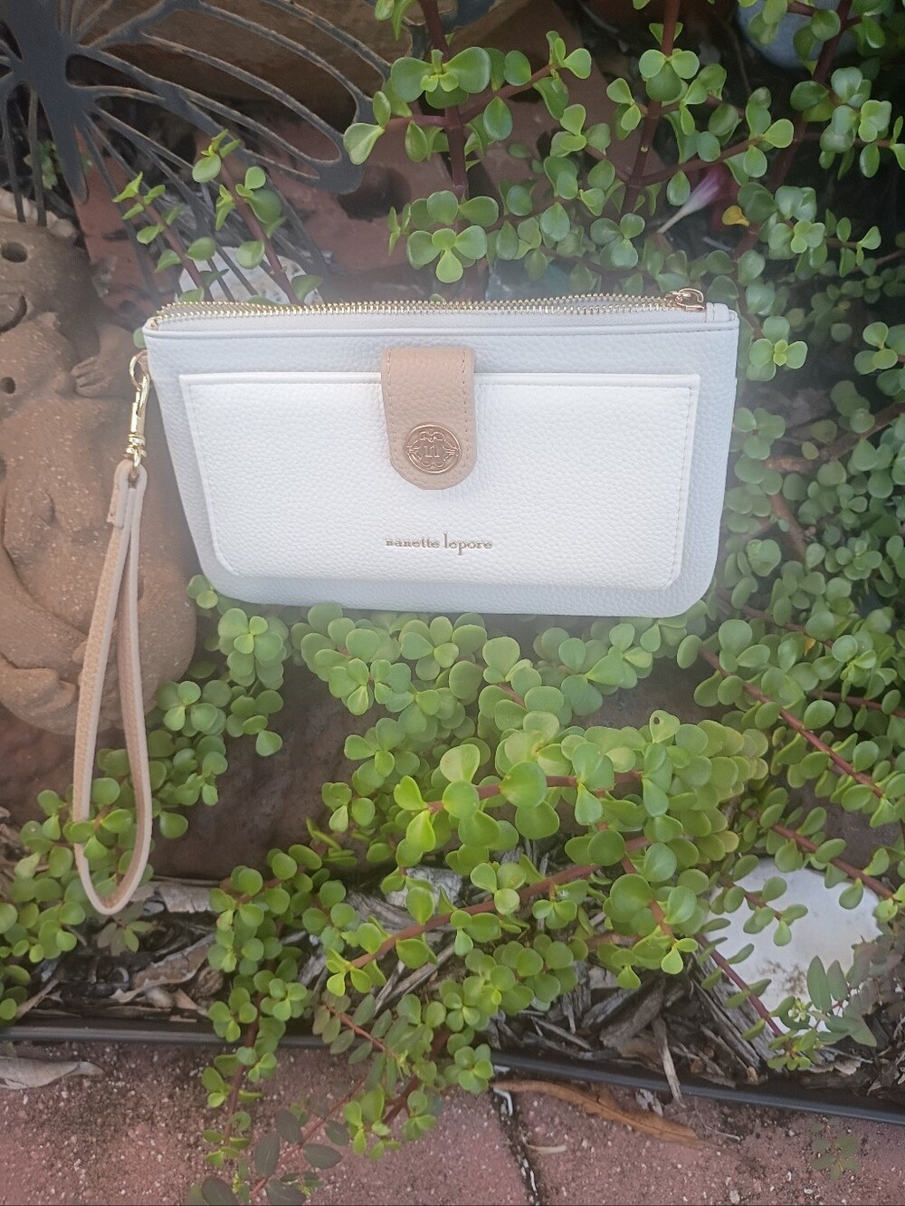 Nanette Lepore White and Taupe Leather Tote / Wallet with Gold Accents